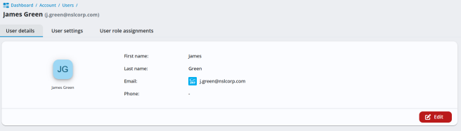User page in the 247connect web portal showing the User details tab. Displays the user's name, email address and phone number, with an Edit button in the bottom-right corner. Tabs for User details, User settings and User role assignments are visible at the top.